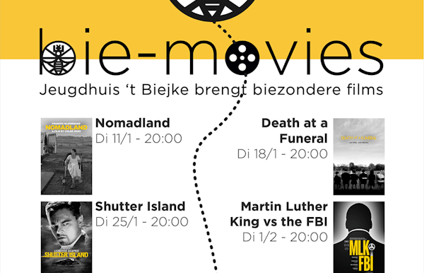 Jeugdhuis 't Biejke start een filmclub.  Voor iedereen met interesse.  Een fijne selectie films, voor jong en oud!