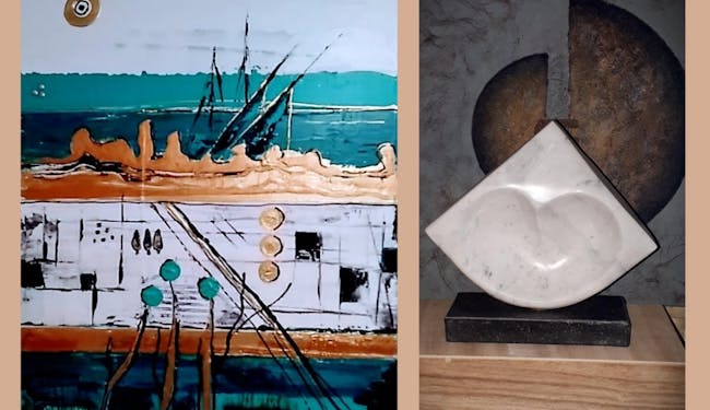Tentoonstelling met gastkunstenaars Muriel Gillis (schilderijen in acryl/mixed media) en Paul Baeteman (sculpturen in marmer en arduin)