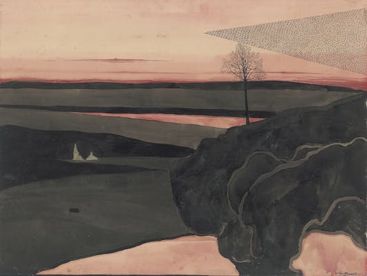 Landschap in rode avondgloed met trekvogels door Léon Spilliaert
